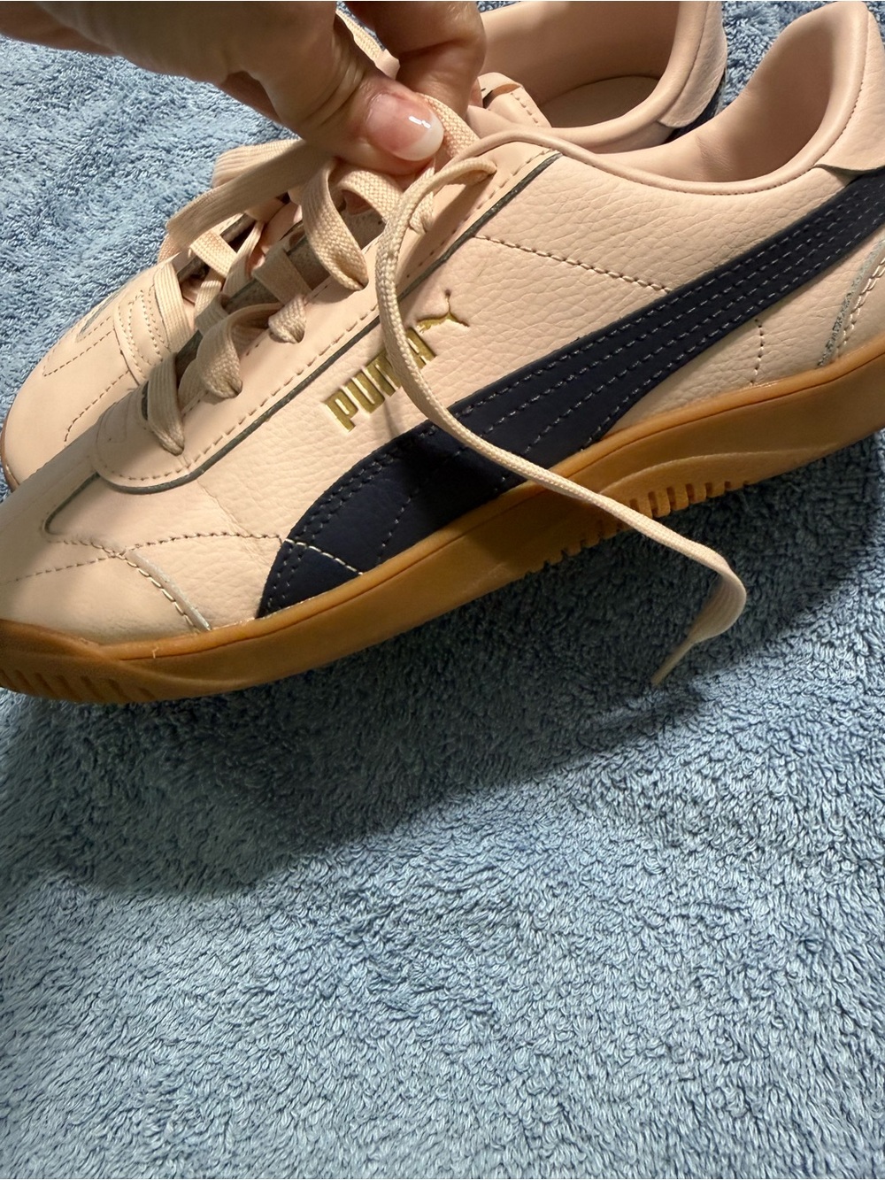 Puma Cream and Navy Leather-Style Sneakers with Gum Sole